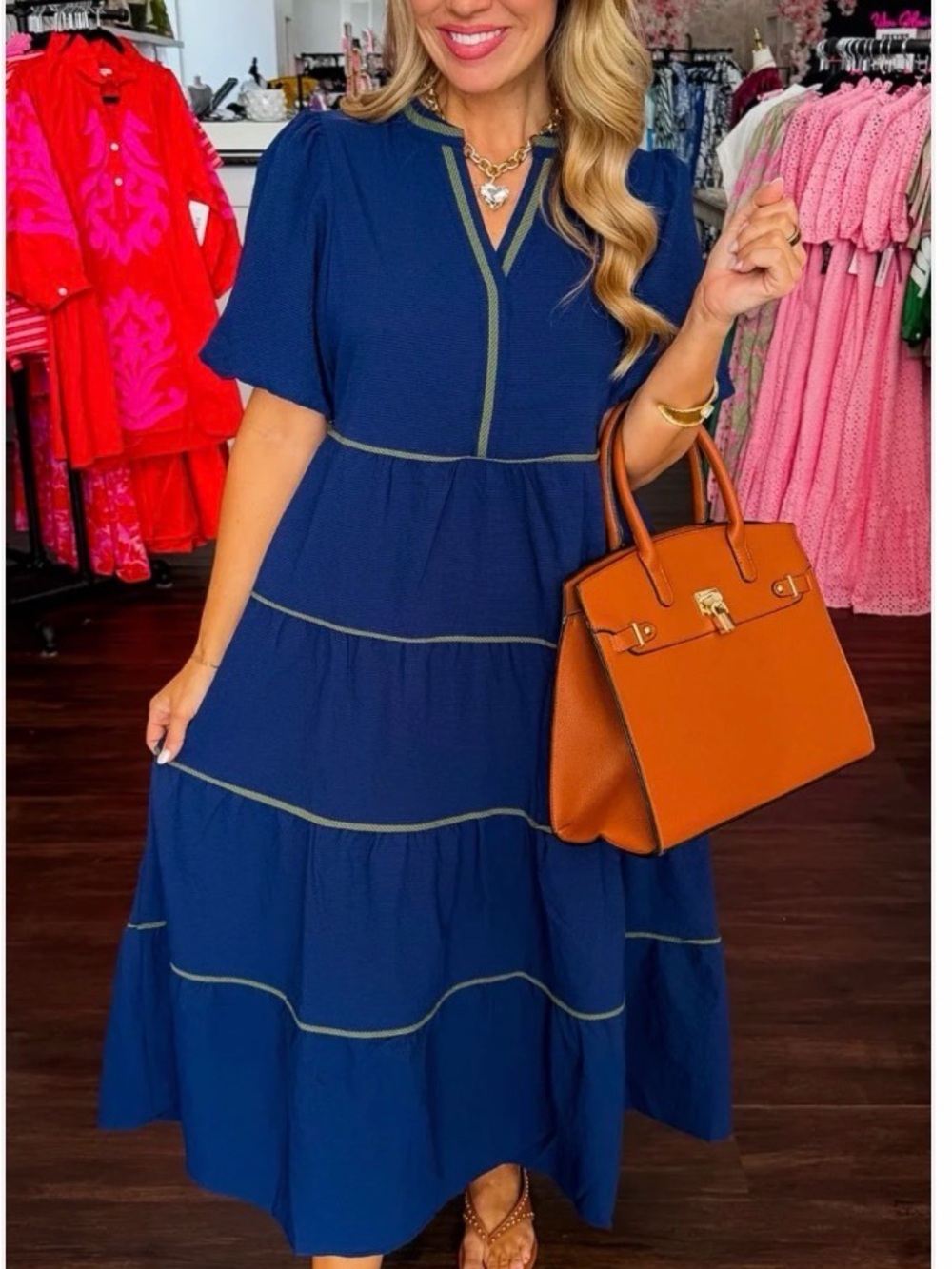 Women's Navy Tiered V-Neck Maxi Dress with Contrast Trim